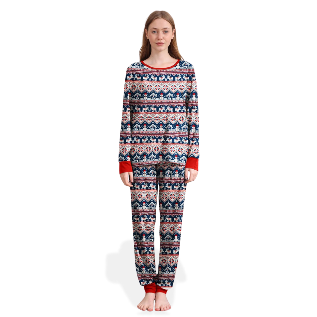 Snow Design Matching Family Christmas Pajamas With Long Sleeve Tops And Loungewear
